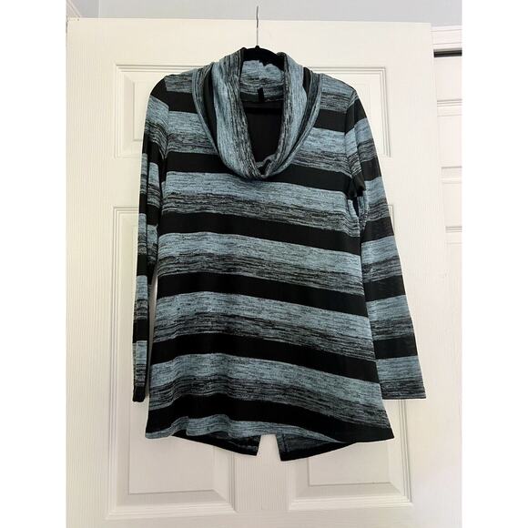 Women's Lapis Cross Back Black And Blue Striped Cowl-neck Sweater Size Medium - Picture 2 of 8